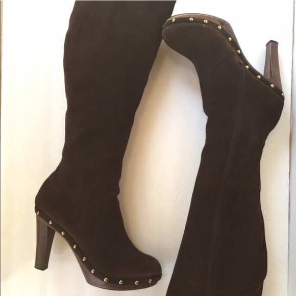 Colin Stuart Shoes - Colin Stuart Brown Suede Studded Wood Heeled Boots